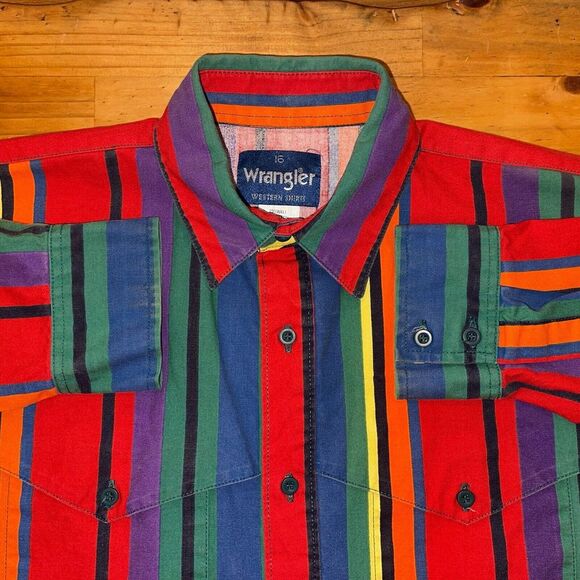 Wrangler‎ Brushpopper Shirt Men 16 Vintage Striped Rockabilly Western Cowboy 🤠